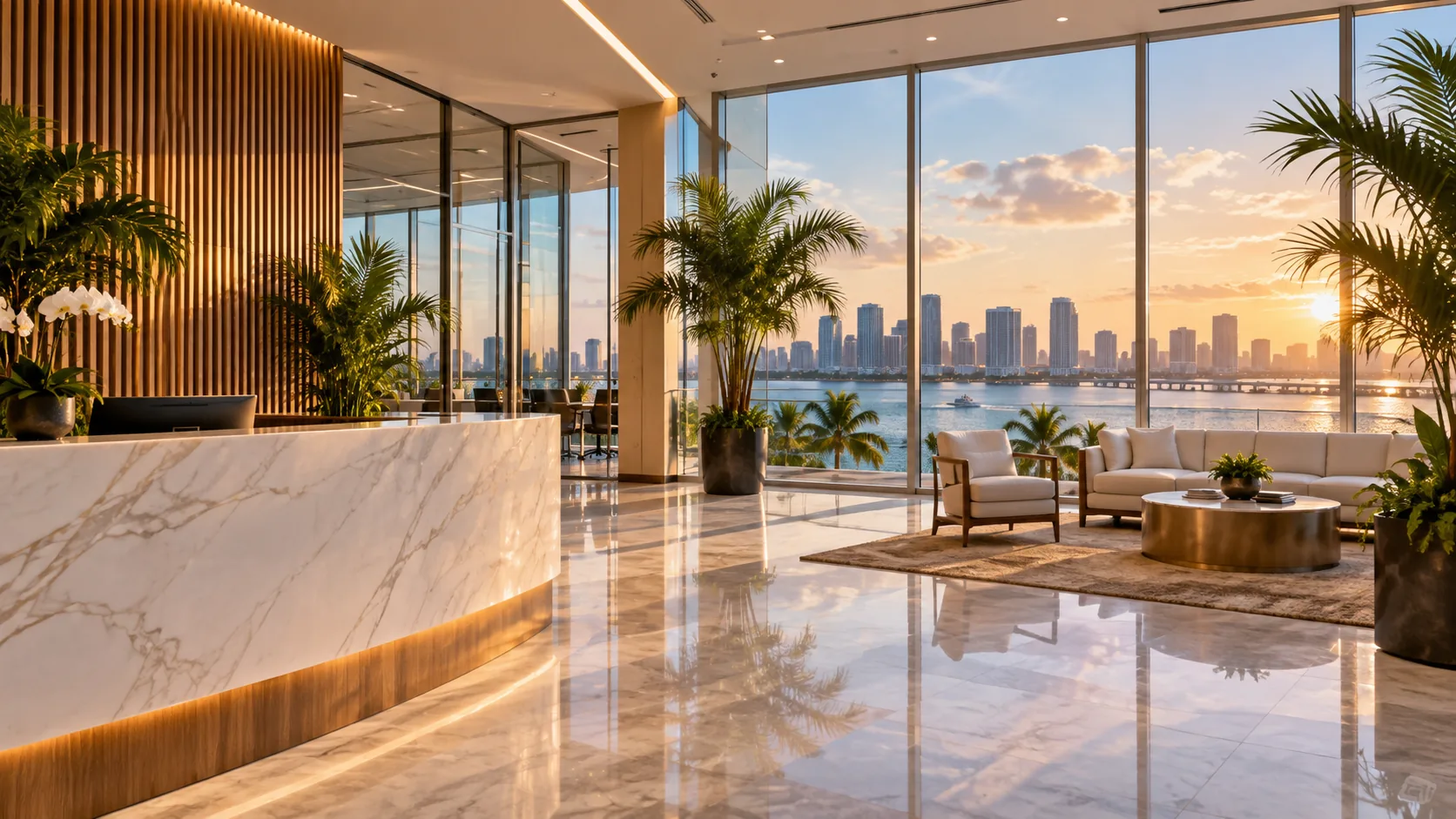 Vestíbulo de oficina luminoso con vista al horizonte de Miami