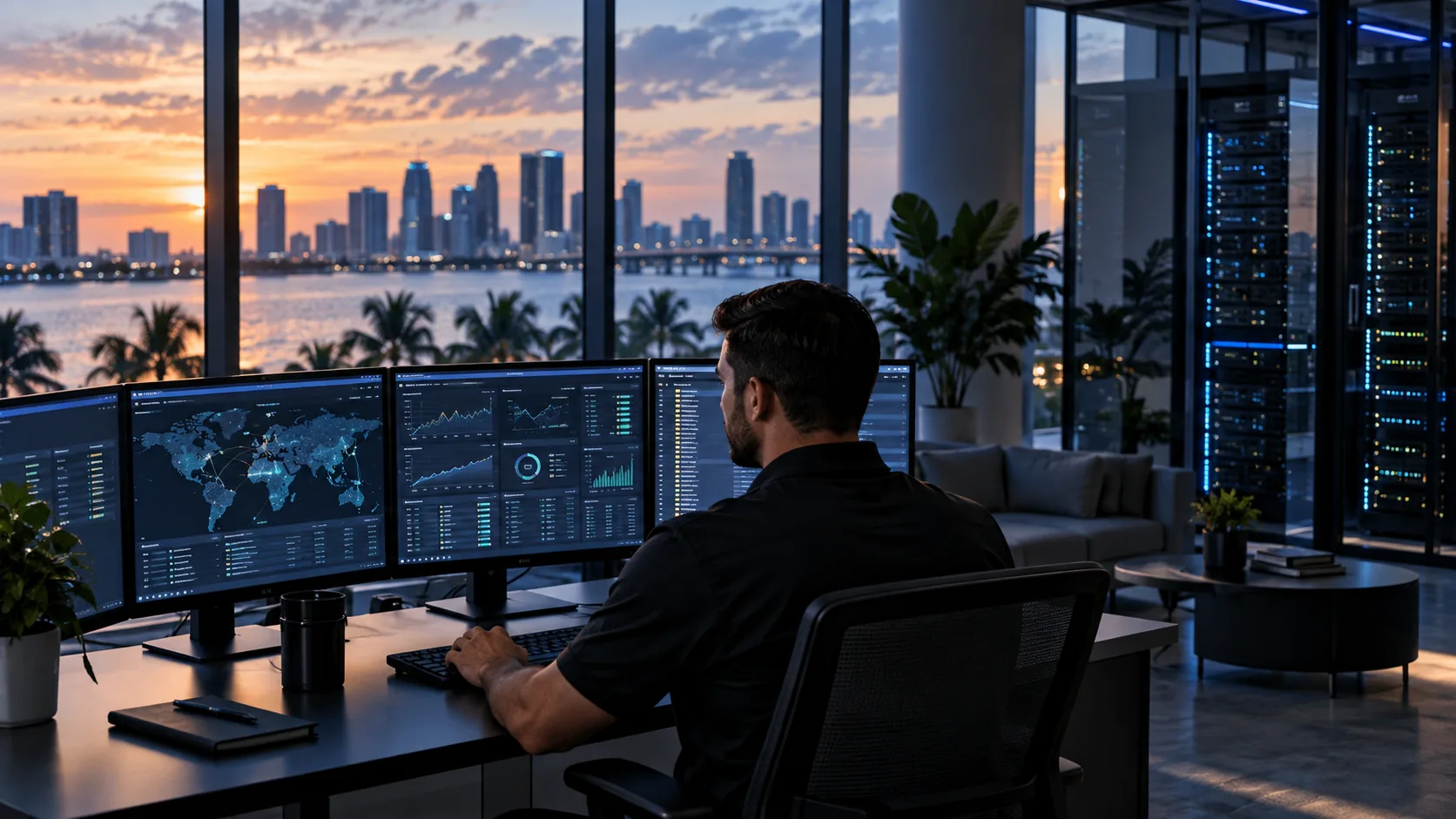 IT technician monitoring business systems in a Miami office at sunset