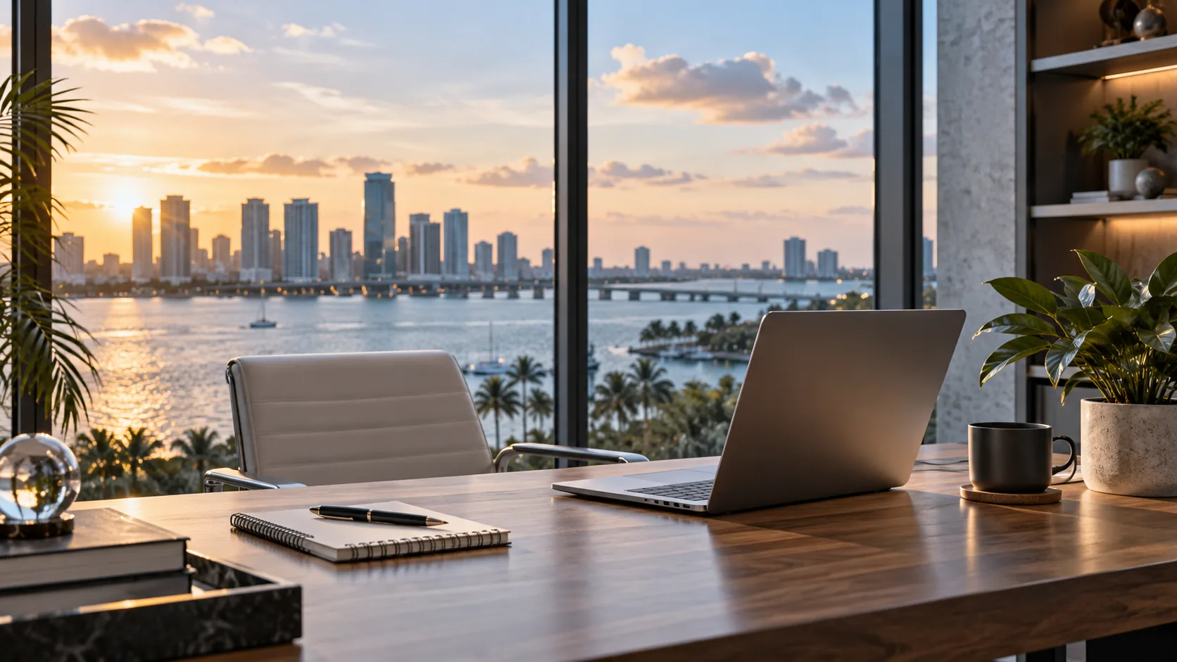 Laptop and notebook on a desk overlooking the Miami skyline