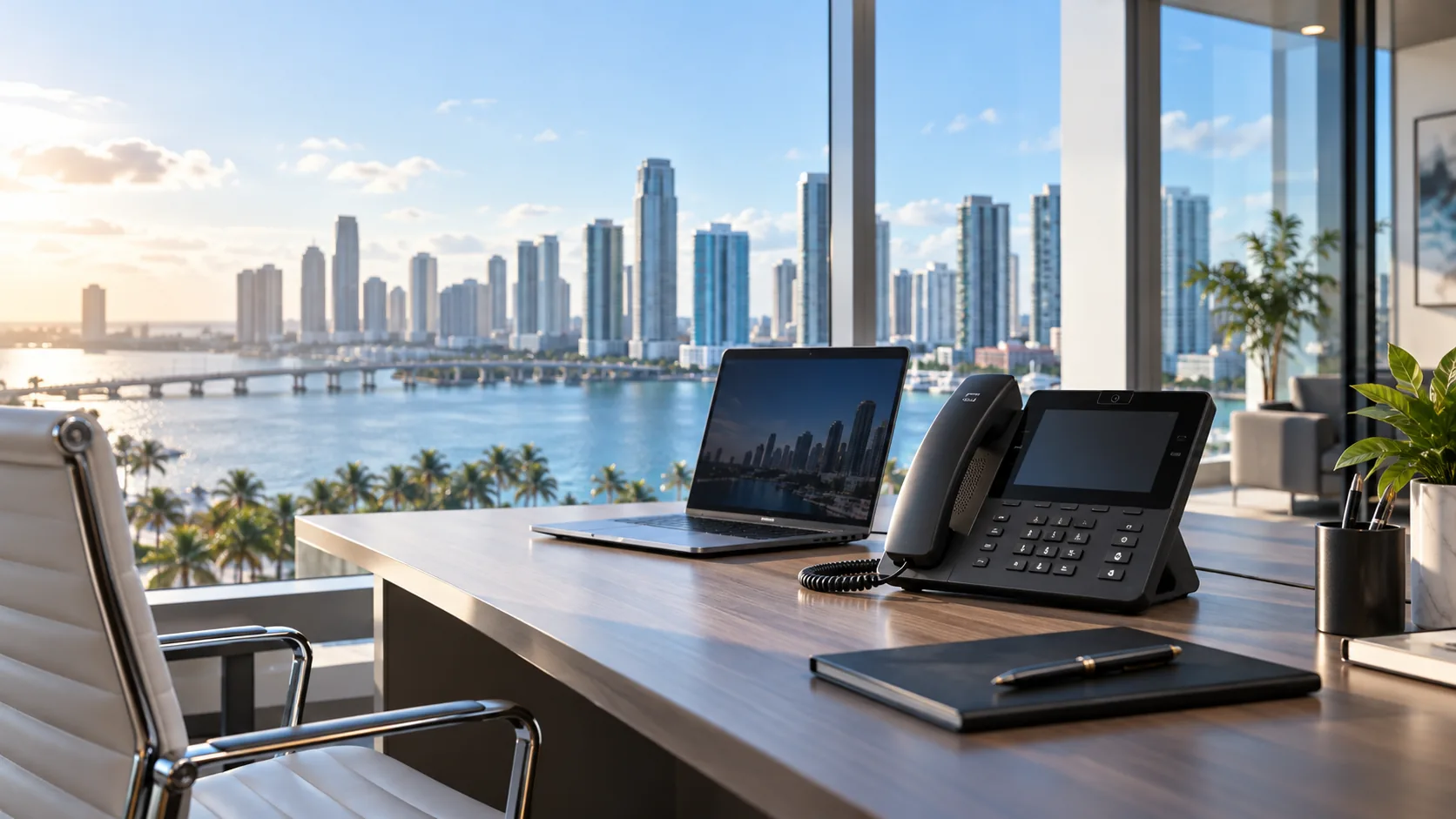 Desk phone and laptop on an office desk overlooking the Miami skyline