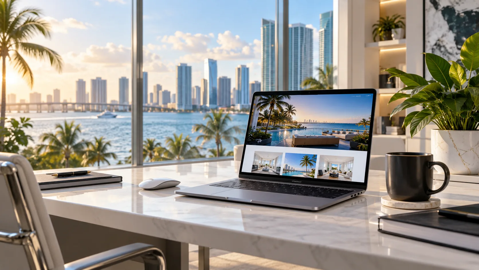 Laptop showing a modern website on a desk overlooking the Miami skyline