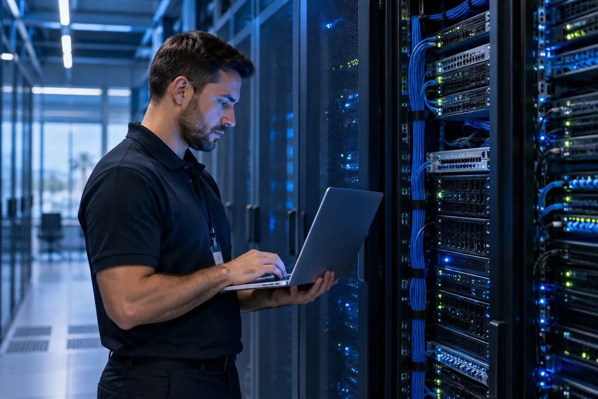 IT technician working on a laptop in a server room