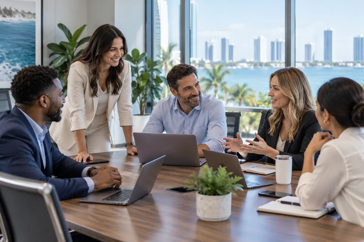 Team collaborating in a waterfront office