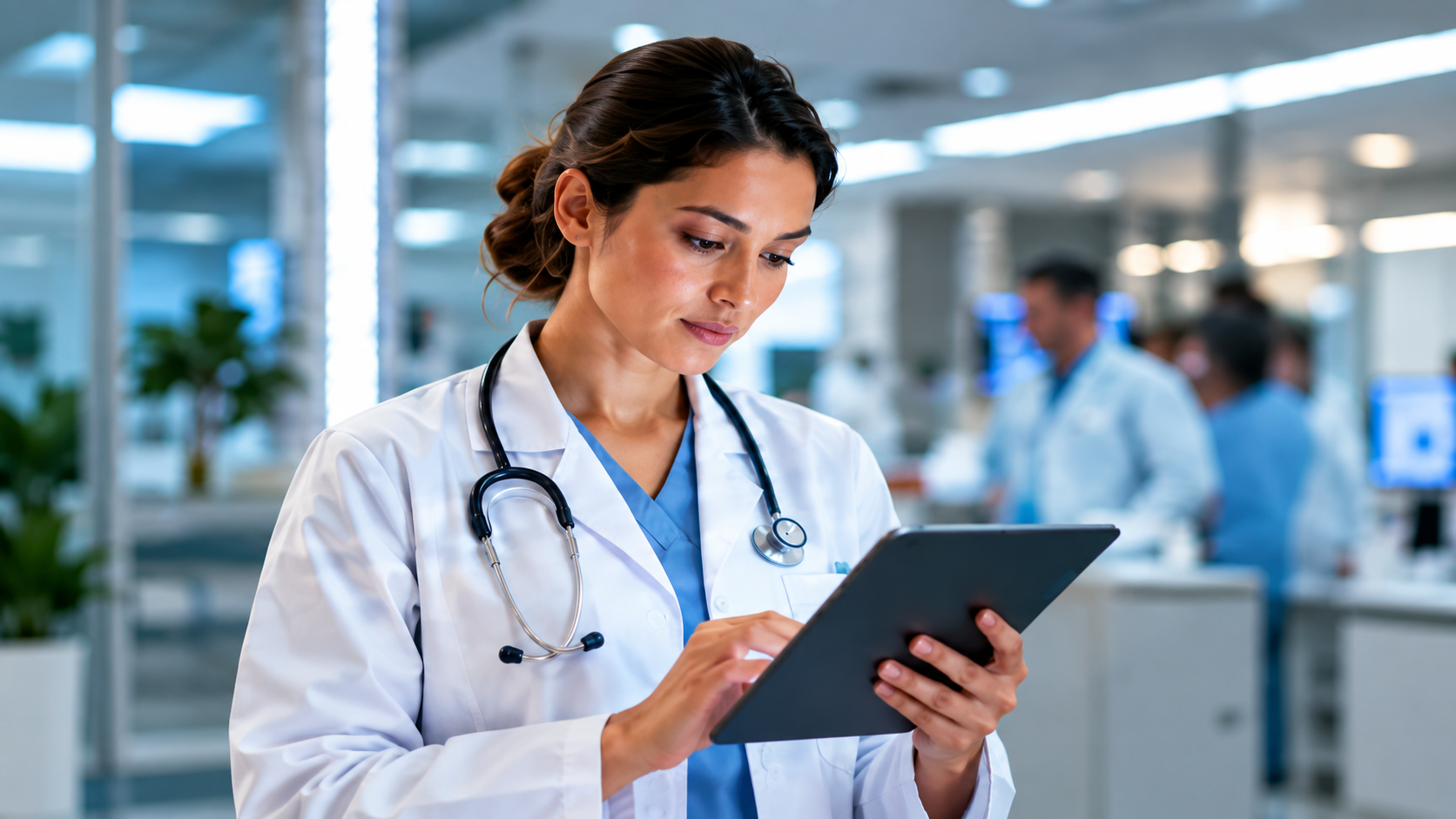 Female doctor using a tablet in a bright modern clinic