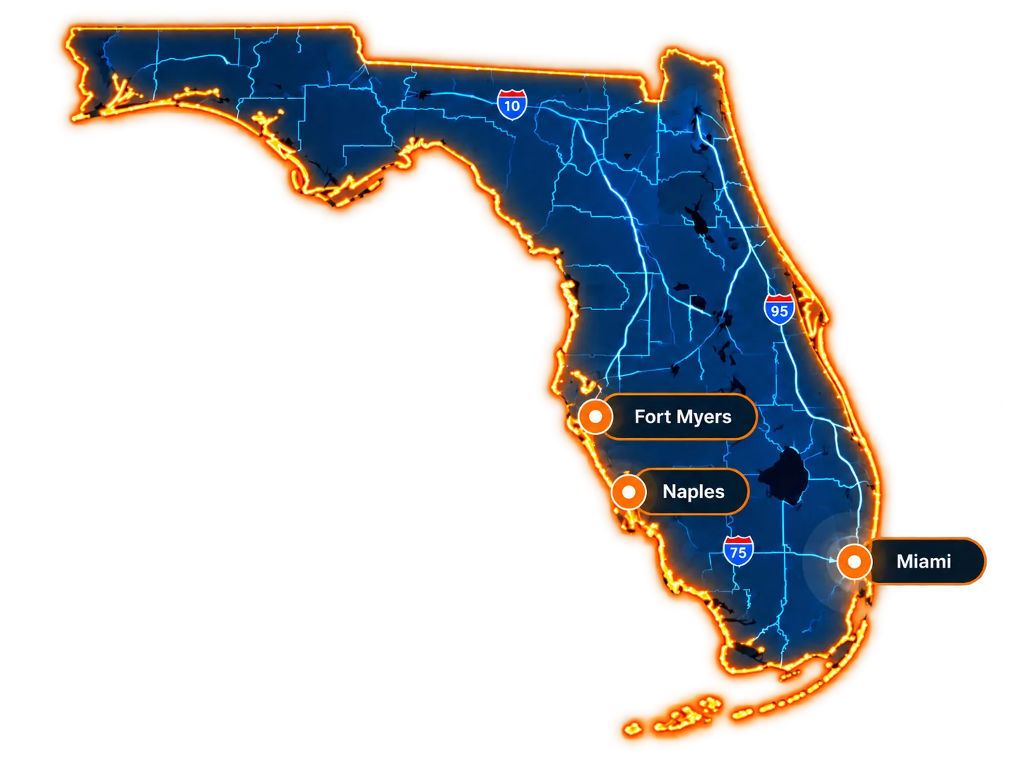 Florida service areas map highlighting Fort Myers, Naples, and Miami