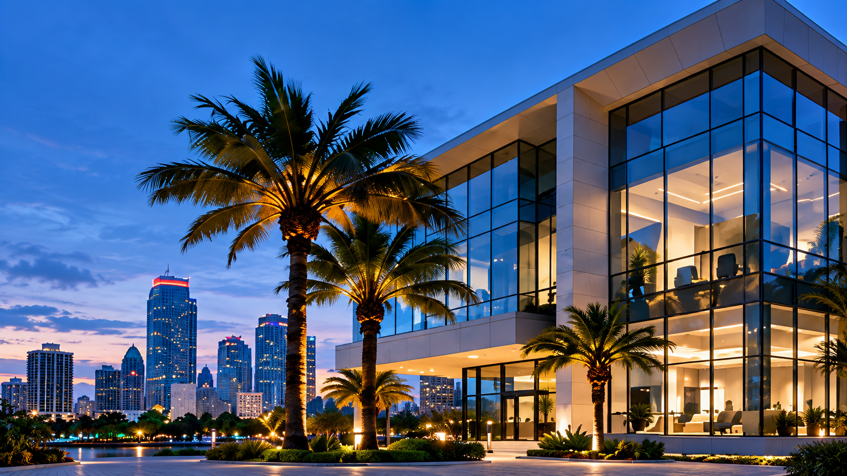 Modern Florida commercial property with palm trees at blue hour