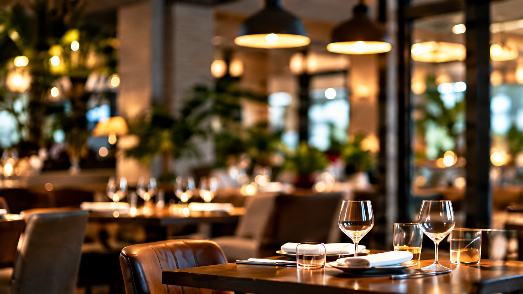 Warm upscale restaurant dining room with pendant lights